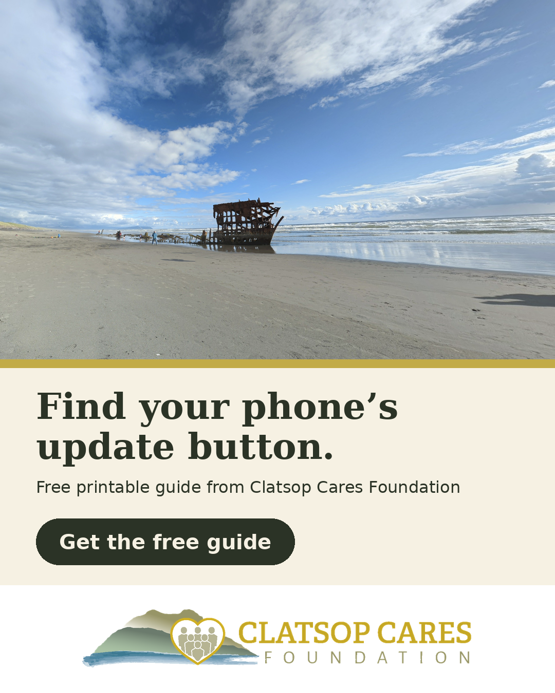 Photo of the rusted frame of the Peter Iredale shipwreck on a beach.